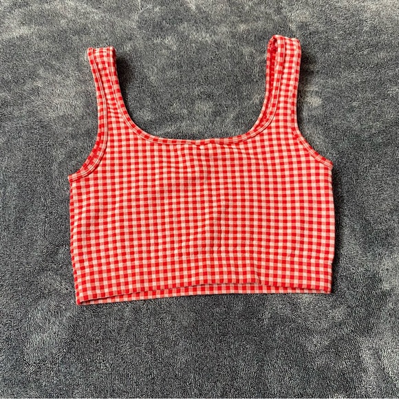 Gingham Scoop Neck Crop Tank Top - Red Preppy Summer Cottagecore Size Large - Picture 3 of 6